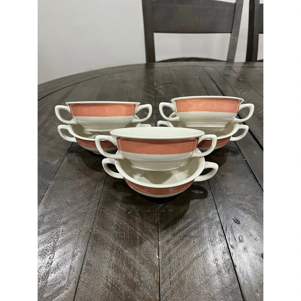 Vintage Homer Laughlin Best China Double Handle Soup Bowl Ivory Pink Set Of 6